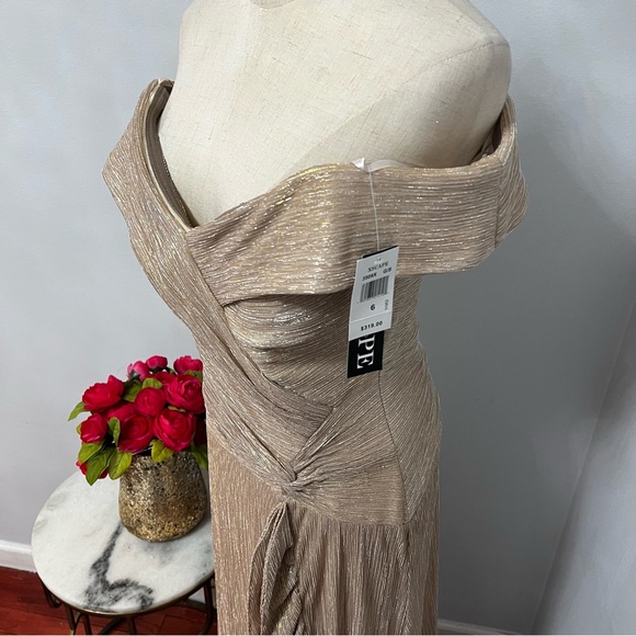 XSCAPE Gold Off Shoulder Short Sleeve Cascading Ruffle Full-Length Formal Gown - Picture 9 of 13